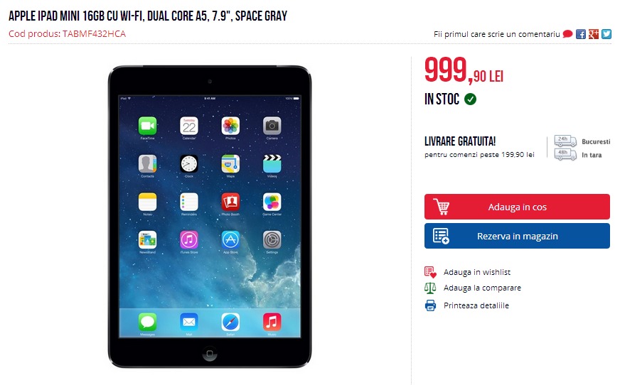 iPad Mini 16 GB WiFi disponibil prin intermediul Altex și Mediagalaxy la prețul de 999 lei