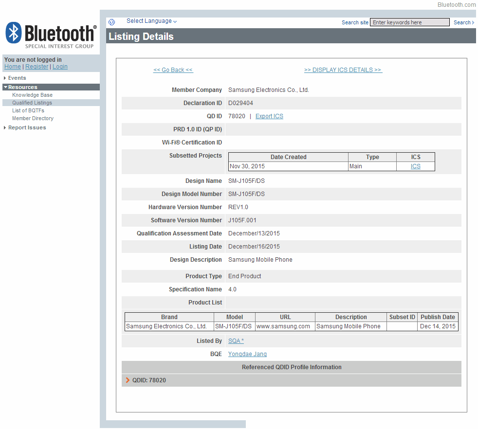 Samsung Galaxy J1 Mini a primit certificarea Bluetooth, sub numele de cod SM-J105F/DS