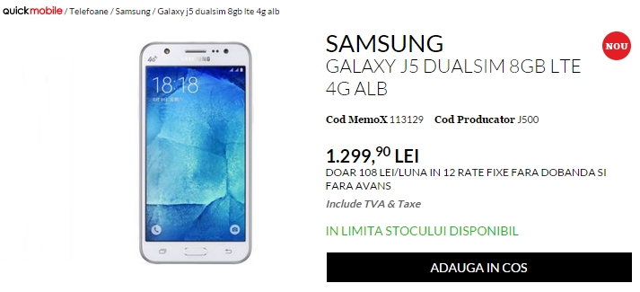 Samsung Galaxy J5, telefon cu bliț frontal sosește în stocul celor de la QuickMobile.ro