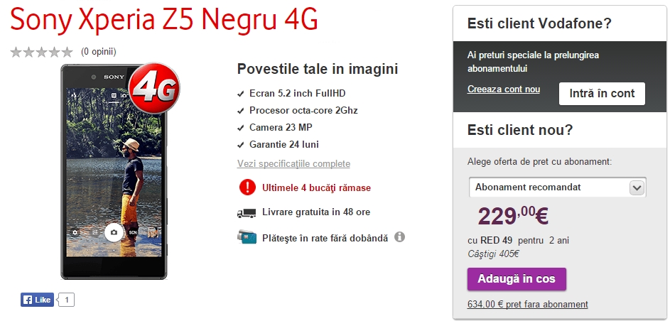 Pret Sony Xperia Z5 la Vodafone