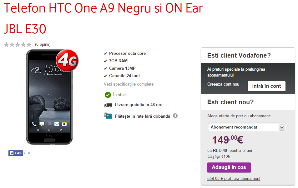 HTC One A9 în versiunea cu 3 GB RAM, ajunge la Vodafone; costă 2480 lei și vine însoțit de o pereche de căști JBL E30