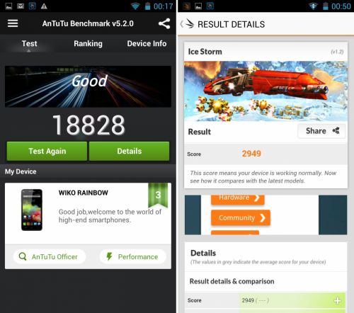 Hai să vedem cum stăm și cu benchmark-urile! Am comparat Wiko Rainbow cu Motorola Moto G 2013, cu HTC Desire 310 și cu Allview P5 Quad.