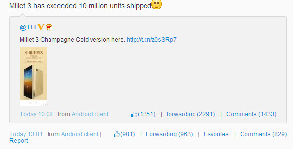 Informația a fost postată de către CEO-ul Xiaomi, Lei Jun, pe serviciul de socializare Weibo, odată cu anunțul lansării unei versiuni aurii a acestui model.