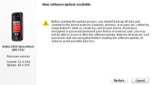 Nokia 5800 firmware update