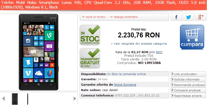 Pret Nokia Lumia 930 in Romania