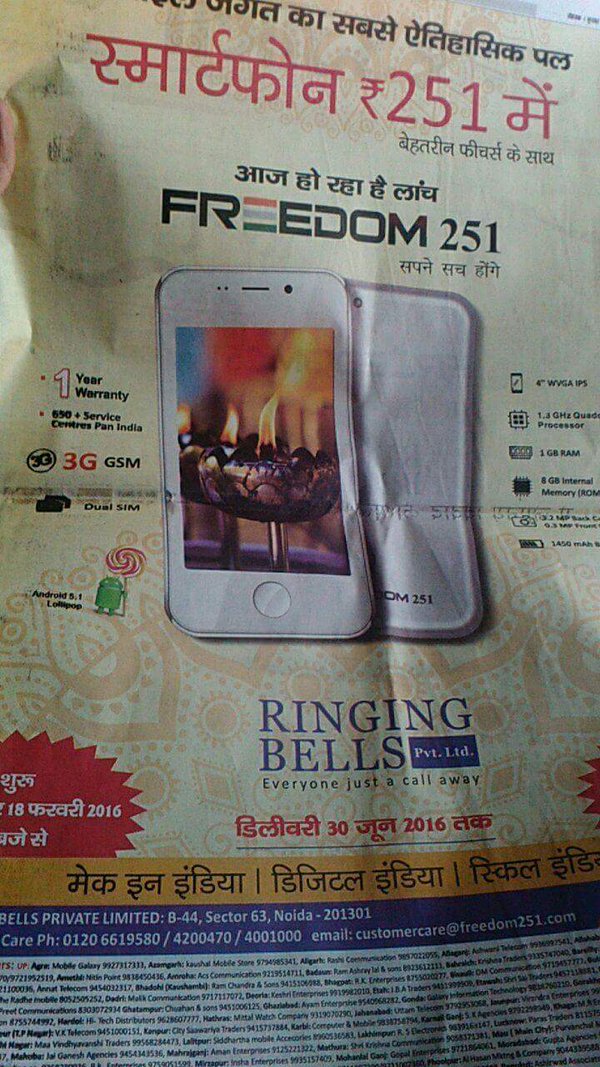 Cel mai ieftin telefon din lume vine din India şi costă doar 4 dolari: Ringing Bells Freedom 251
