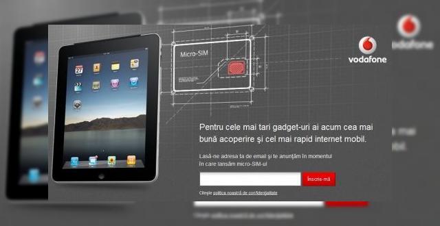 <b>iPad si iPhone 4 prin Vodafone Romania? micro-SIM-uri la cerere pe microsim.ro (Vodafone)</b>Acum cateva minute, am primit un comunicat de presa cel purtin surprinzator! Surprinzator nu prin continutul sau, ci prin originea acestuia, adica Vodafone Romania! Sincer, am verificat de 2 ori adresa de pe care a fost trimis, nu cumva sa dam cu bata-n...