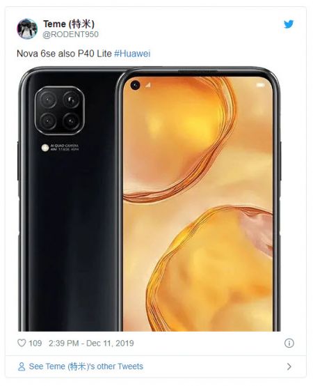 Huawei P40 Lite pare să fie un Huawei Nova 6 SE rebranduit, conform unei scăpări de imagini