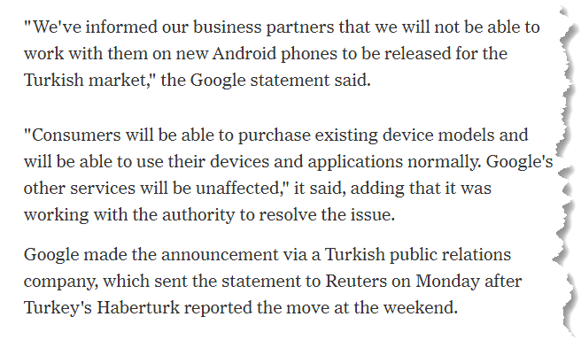 Google suspendă licenţele telefoanelor Android din Turcia, care nu vor mai avea Google Mobile Services