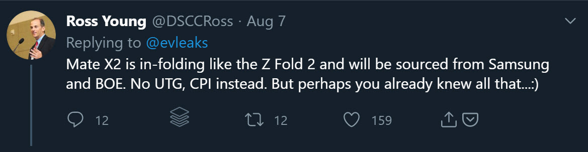 Un comentator de pe Twitter i-a răspuns lui Evan cu detalii despre Mate X2, afirmând că terminalul se va plia spre interior că Galaxy Z Fold 2 şi va avea panouri de ecran produse de BOE şi Samsung. Nu va avea protecţie UTG, ci una specială CPI (Colorless Polyimide)