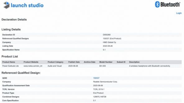 Certificare Bluetooth Nokia Power Earbuds Lite