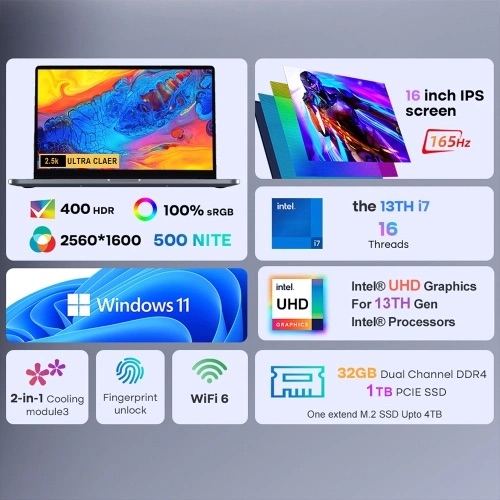 Ninkear N16 Pro Laptop 16 Inch 165Hz IPS Screen, 2560*1600 Display, 32GB DDR4, 1TB SSD, Windows 11, 13TH Gen Intel Core i7 processor, WiFi 6, BT5.0, Fingerprint Unlock. Reducere de 48% pe Tomtop.