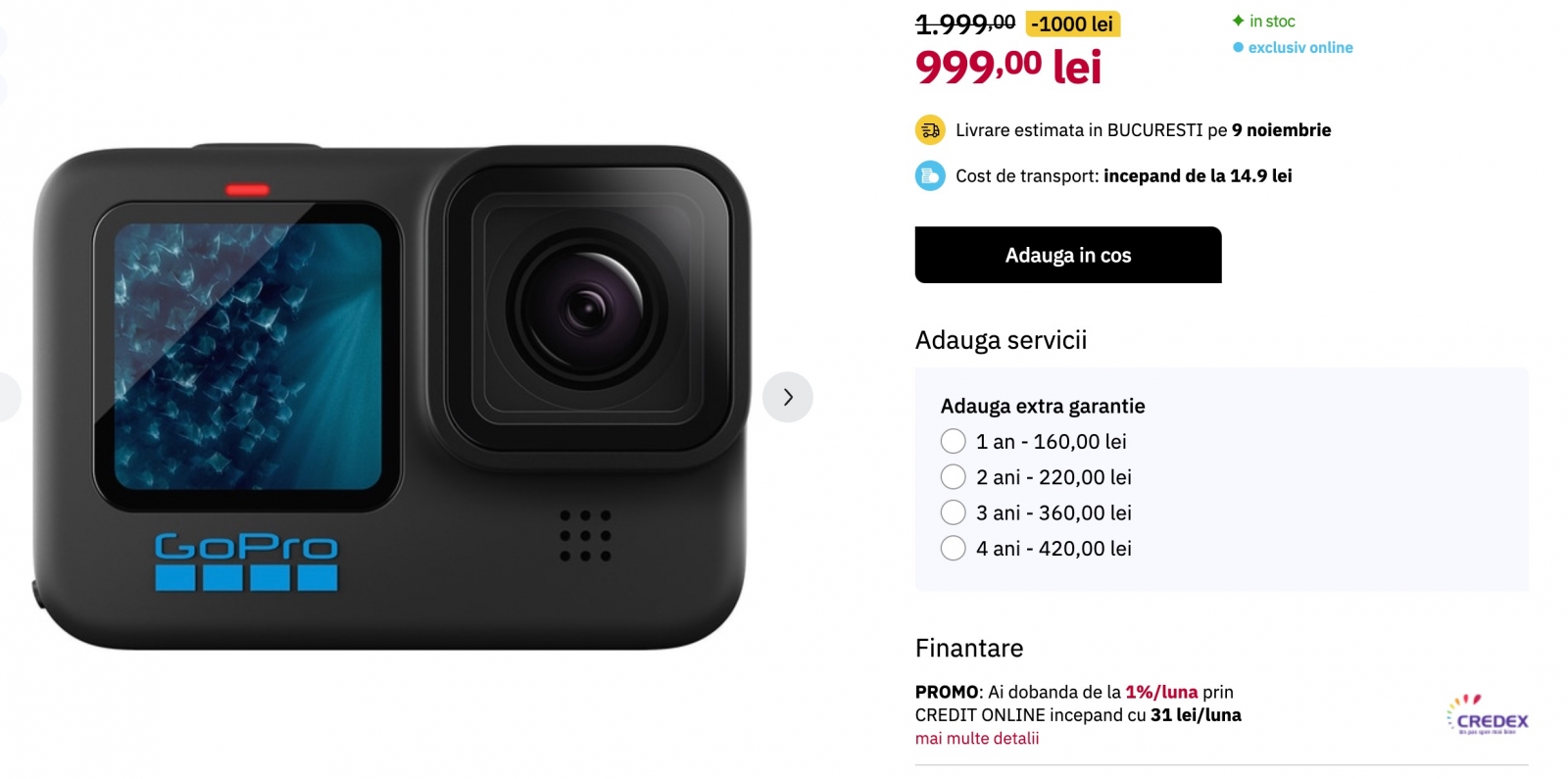 Camera video sport GoPro HERO11 Black beneficiază de o reducere semnificativă de 1.000 lei la Altex cu ocazia Black Friday, prețul scăzând de la 1.999 lei la 999 lei.