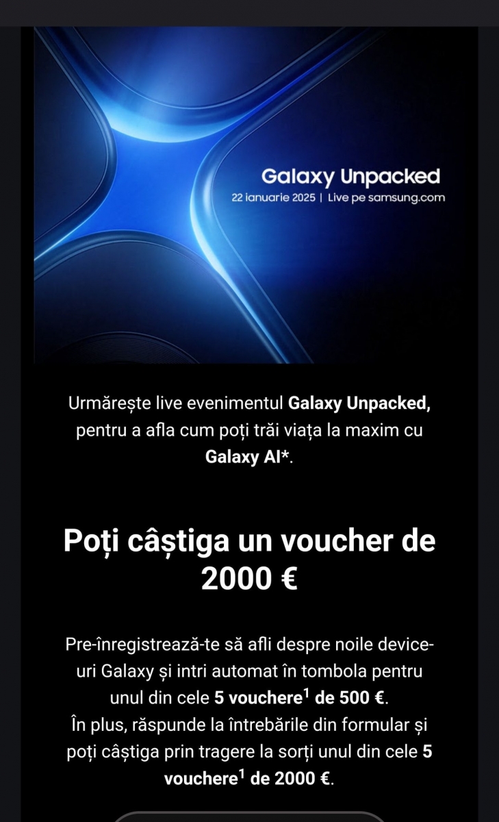 Tombola Samsung pentru Galaxy S25: vouchere de până la 2000 € pentru înscriși