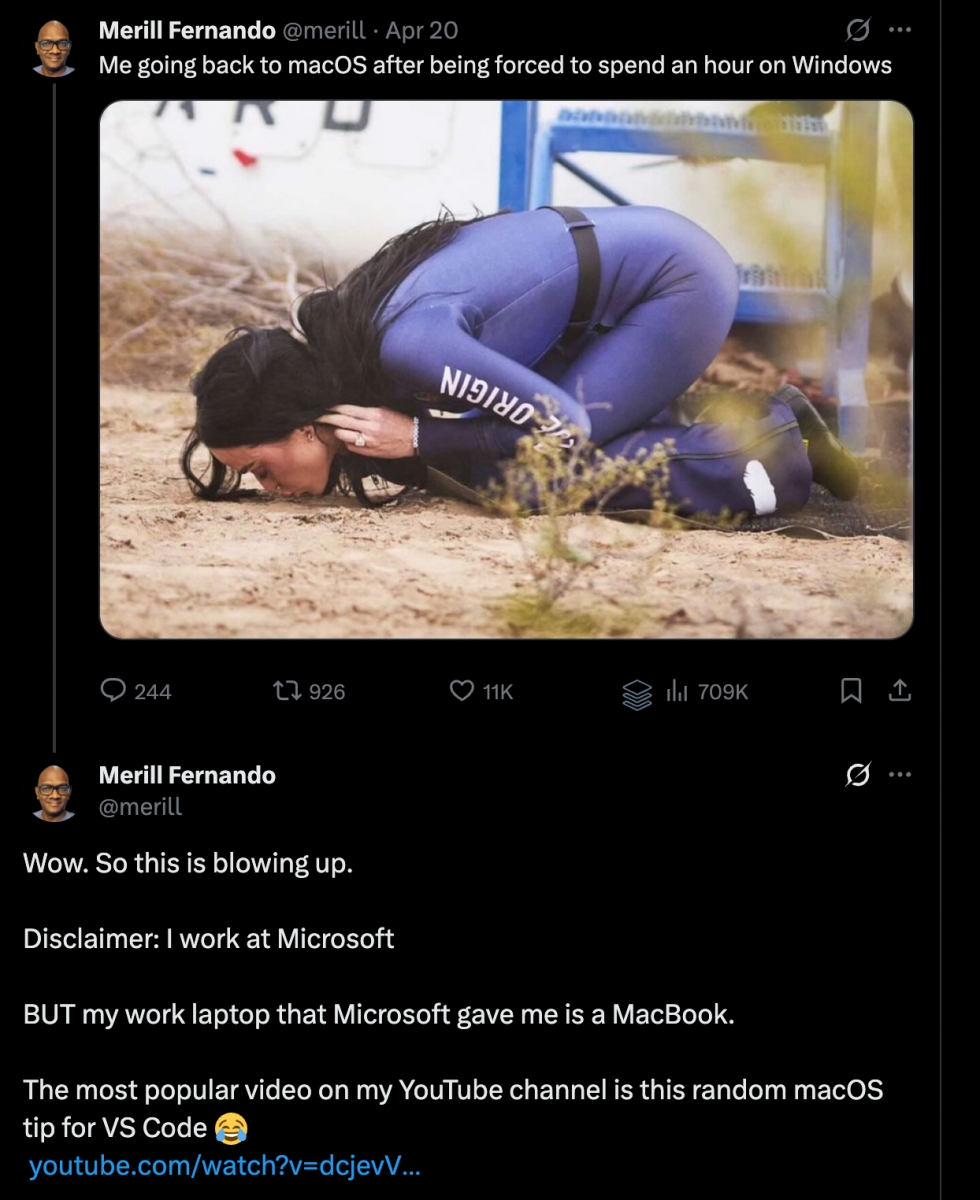 „Me going back to macOS after being forced to spend an hour on Windows” și a pus o poză cu Katy Perry pupând pământul