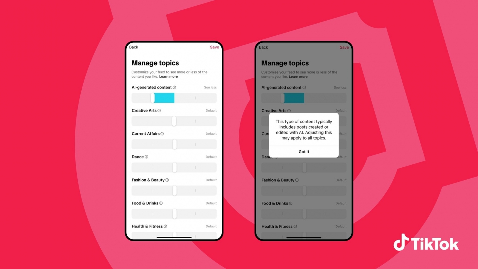 TikTok lasă utilizatorii să controleze conținutul generat de AI; peste 1,3 miliarde de clipuri etichetate pe platformă