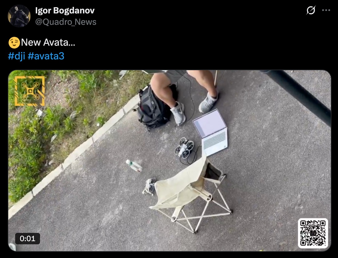 clip video cu ceea ce pare a fi DJI Avata 3 în teste, publicat de cunoscutul leaker @Quadro_News