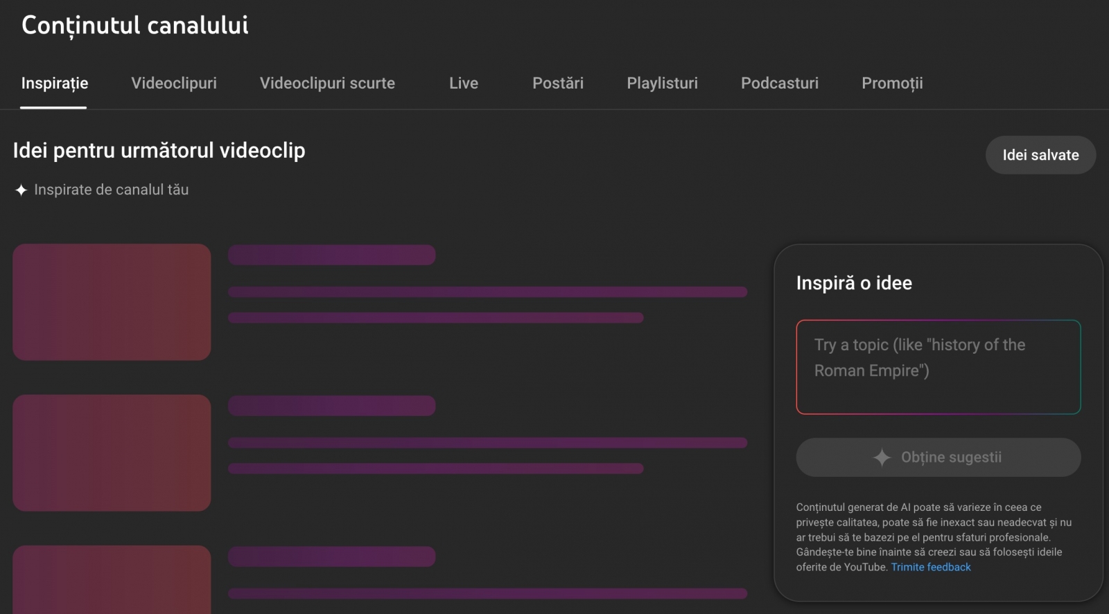 Inspiration din YouTube Studio