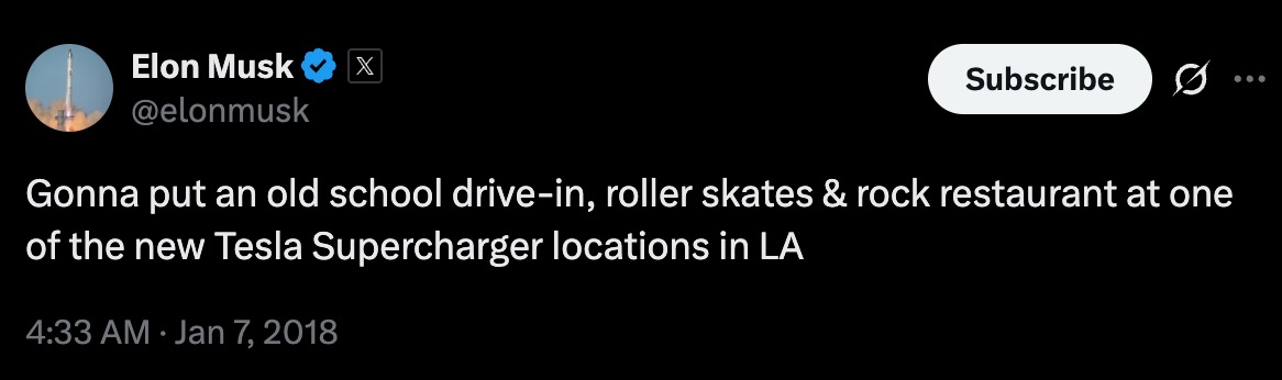 Totul a început în 2018, când Musk anunța pe Twitter că vrea să construiască un restaurant cu patine, muzică rock și servire la geam într-o locație Supercharger.