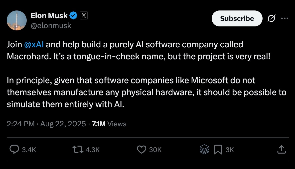Elon Musk a anunțat printr-un mesaj pe X o nouă companie de software, numită Macrohard