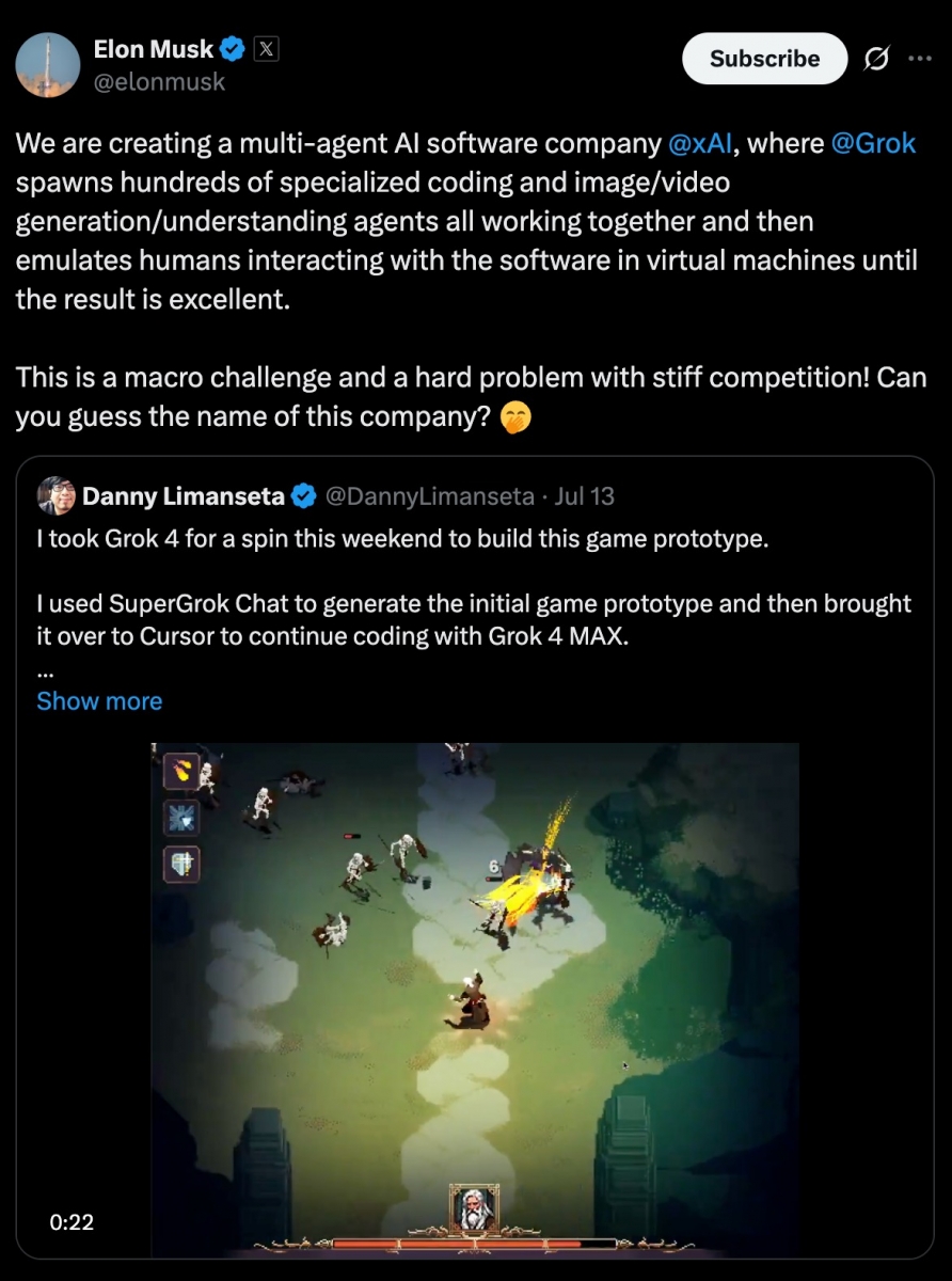 Într-un alt mesaj, Musk a oferit câteva detalii despre ce presupune proiectul: Grok, modelul AI dezvoltat de xAI, ar urma să coordoneze sute de boți care scriu cod, generează imagini și video, testează aplicațiile în medii virtuale și simulează comportamentul utilizatorilor. Marca acoperă mai multe domenii, inclusiv jocuri video, analiză juridică și servicii de consultanță.