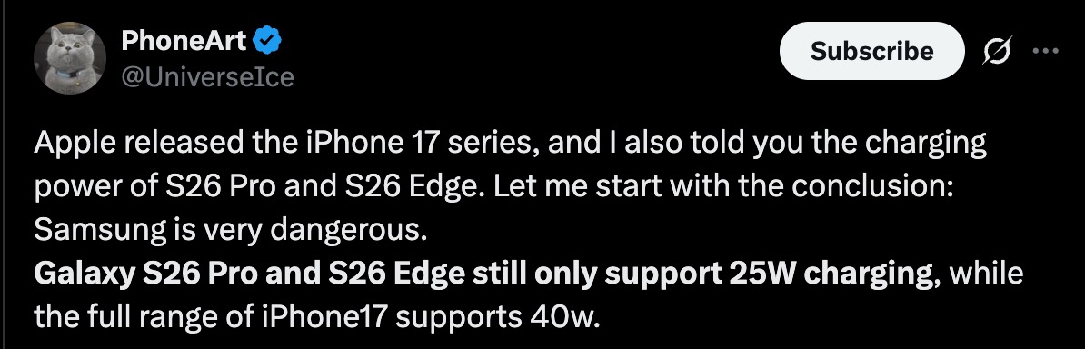 În timp ce iPhone 17 merge spre 40W, Samsung ține Galaxy S26 Pro la 25W