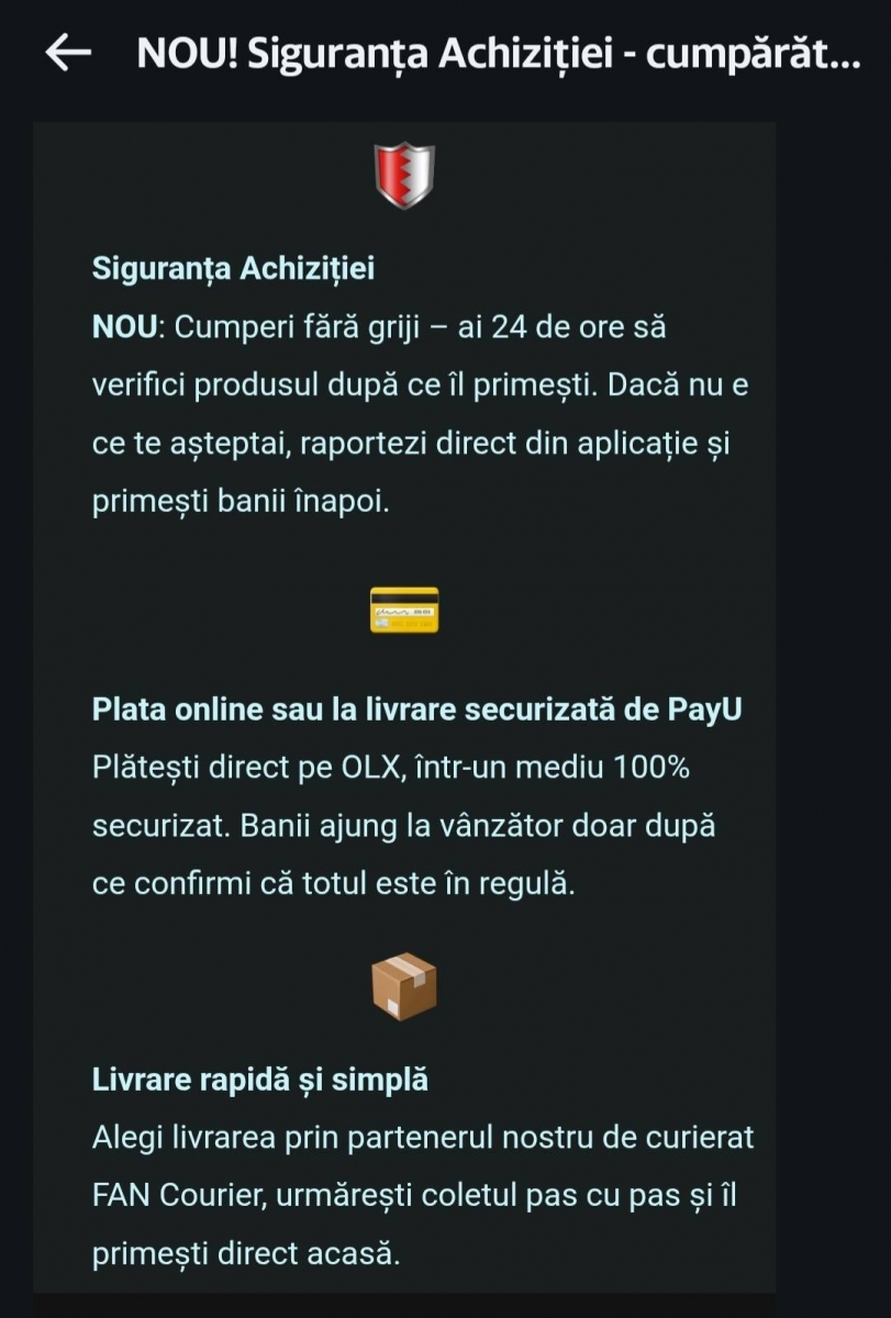 Ai 24 de ore să confirmi produsul primit pe OLX; Dacă apar probleme, platforma declanșează un proces automat de soluționare în contul tău
