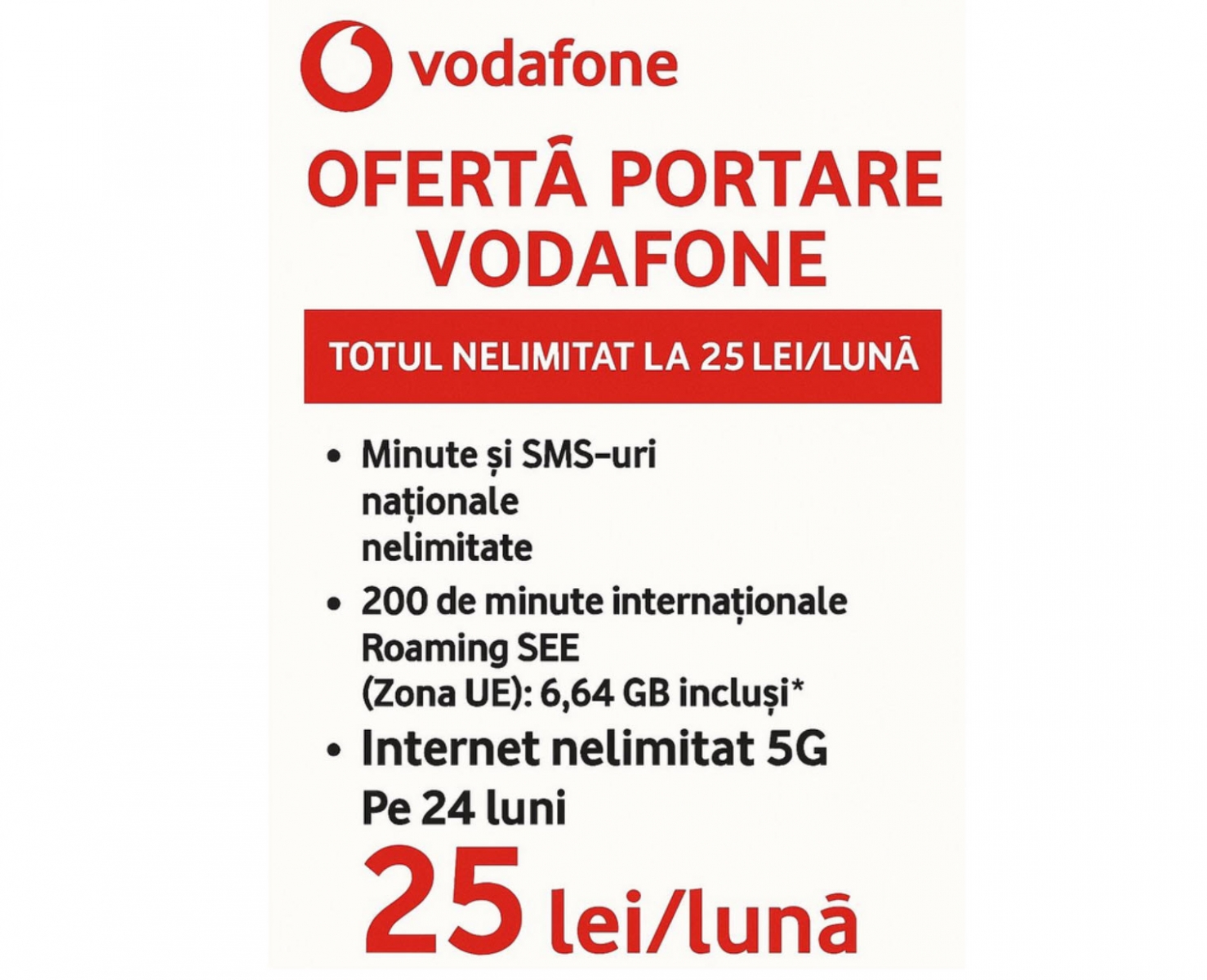 Vodafone România propune la fix pentru ultima lună de vară o ofertă de nerefuzat. E vorba despre un abonament ce oferă totul NELIMITAT la doar 25 de lei pe lună - după cum aflăm prin intermediul celor de la Gadget.ro. În ce condiţii aflaţi mai jos.