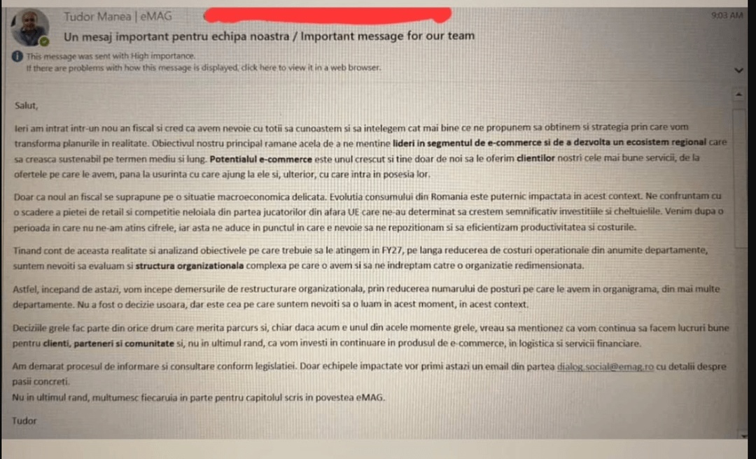 Concedieri neașteptate la eMAG; un email intern anunță restructurarea, iar angajații spun că nu știu dacă mai au job sau nu