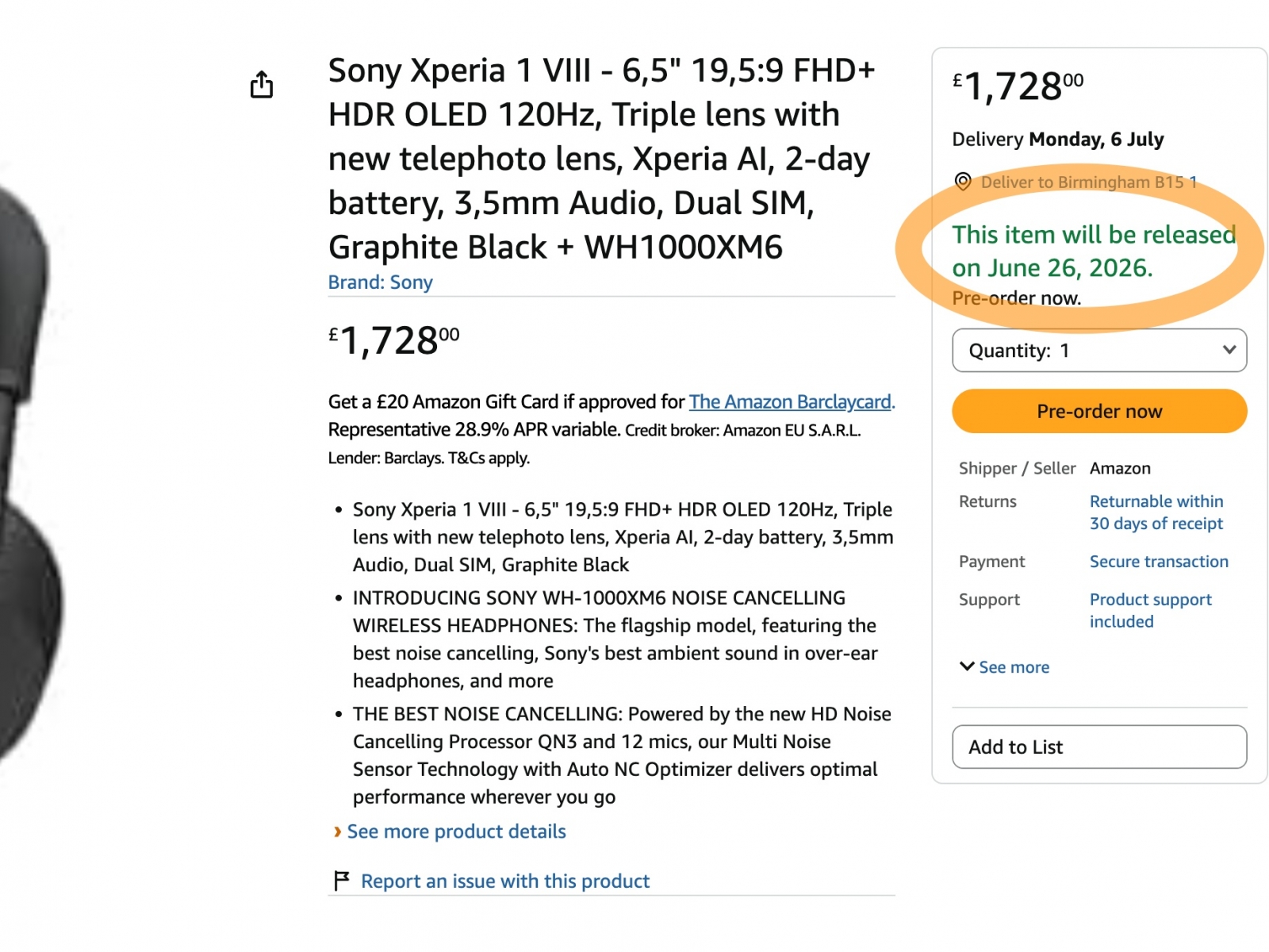 Sony Xperia 1 VIII a apărut accidental pe Amazon UK 