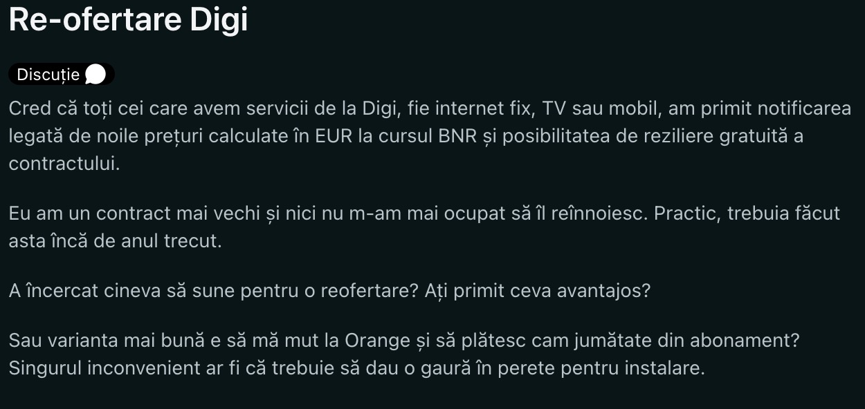 Abonații Digi cer reofertări după schimbarea tarifelor - mulți spun că nu au primit nicio ofertă de retenție și analizează ofeta celor de la Orange
