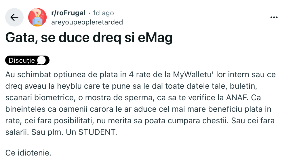 eMAG transformă plata în 4 rate într-un mini-credit — iar utilizatorii descoperă brusc că „flexibil” înseamnă verificări ANAF și Biroul de Credit