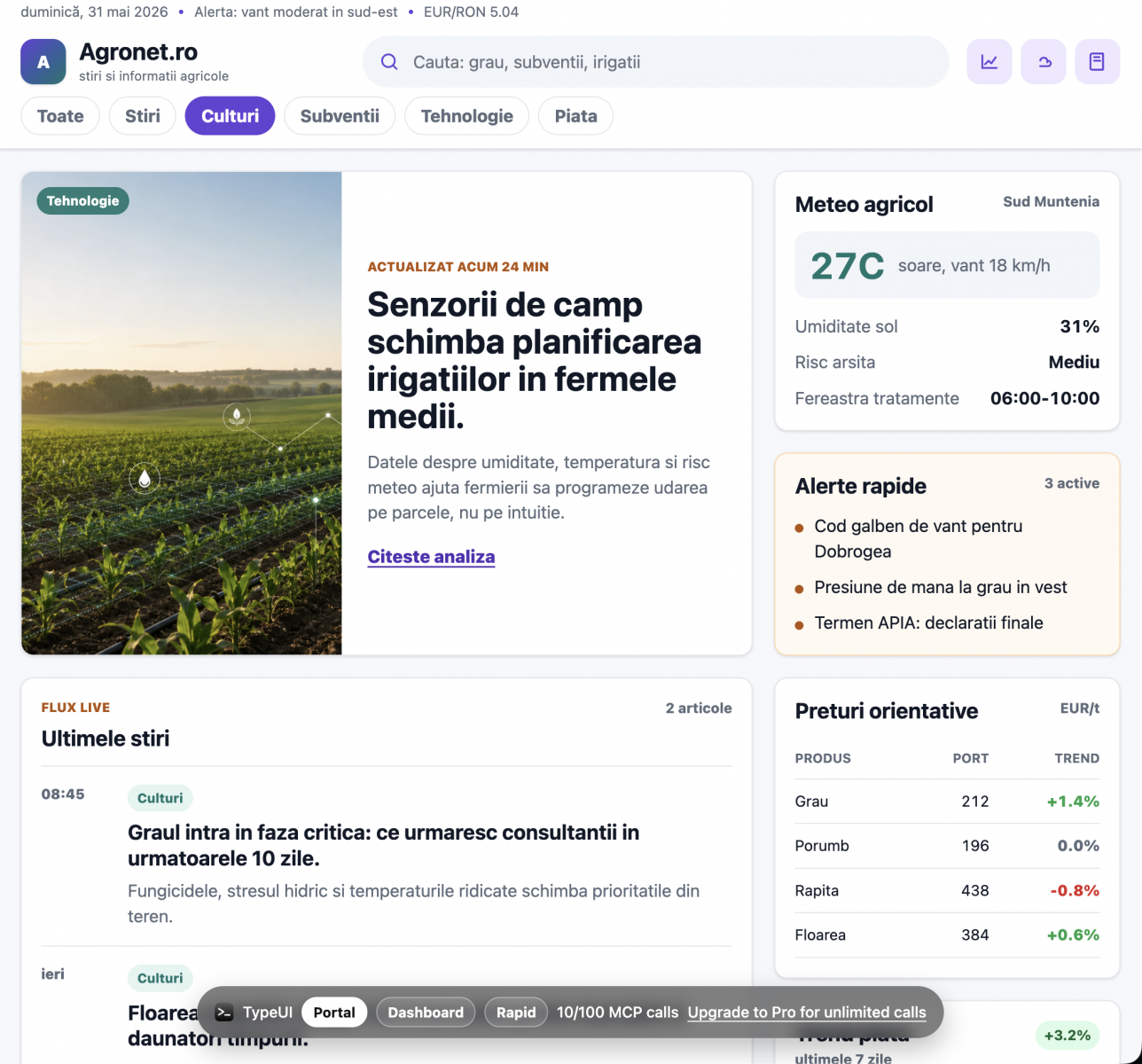 Use TypeUI to build a landing page with material style for an agricultural news portal called agronet.ro