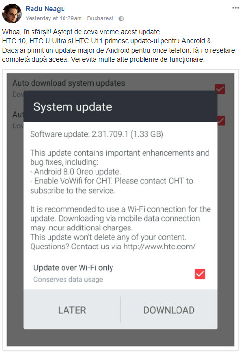 HTC U11 a început să primească actualizarea la Android 8.0 Oreo și în România