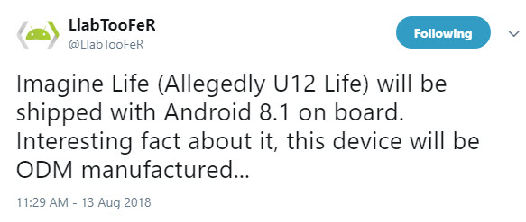 U12 Life va sosi cu Android 8.1 la bord şi că va fi produs în cadrul unui program ODM
