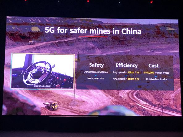 Un exemplu cu care s-au lăudat cei de la Huawei a fost implementarea tehnologiei 5G în industria minieră din China unde cu ajutorul vitezei 5G au înlocuit șoferii de tiruri cu transportul autonom