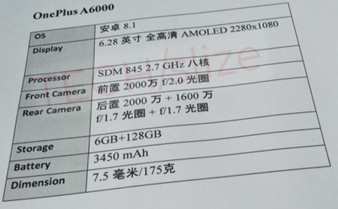 Specificatii OnePlus 6