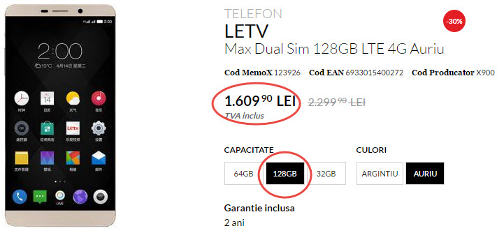 Telefon cu 128 GB stocare şi 4 GB RAM la super preţ