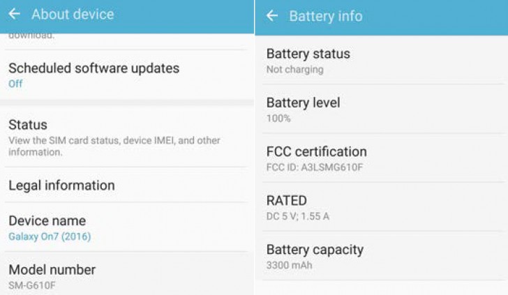 Samsung Galaxy On7 (2016), certificat de FCC