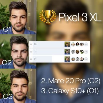 Câștigător comparație foto Samsung Galaxy S10+ vs. Google Pixel 3 XL vs. Huawei Mate 20 Pro (selfie în mod portret, cu efect bokeh)