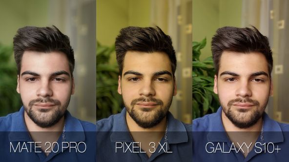 Comparație foto Samsung Galaxy S10+ vs. Google Pixel 3 XL vs. Huawei Mate 20 Pro (selfie în mod portret, cu efect bokeh)