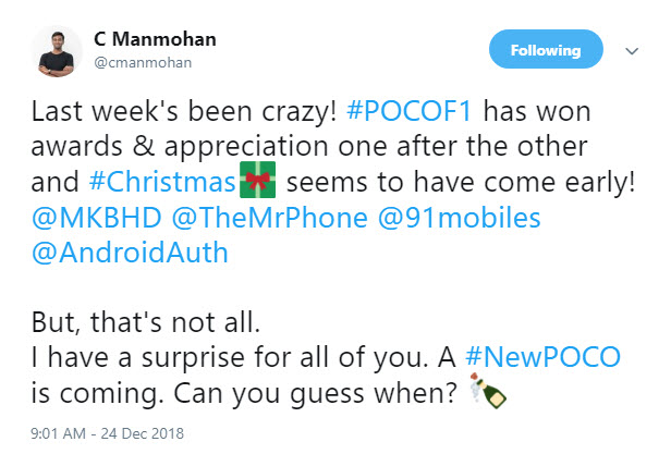 Manmohan Chandolu, manager general Poco India, anunţa urmaşul lui Pocophone F1 pe Twitter