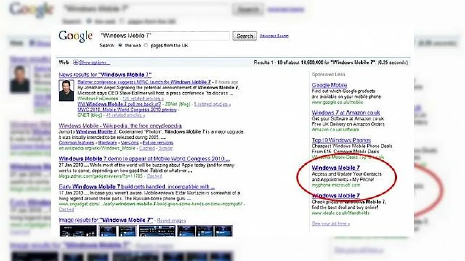 Reclame la Windows Mobile 7 apar acum in rezultatele de cautare Google; Urmeaza prezentarea oficiala la MWC?