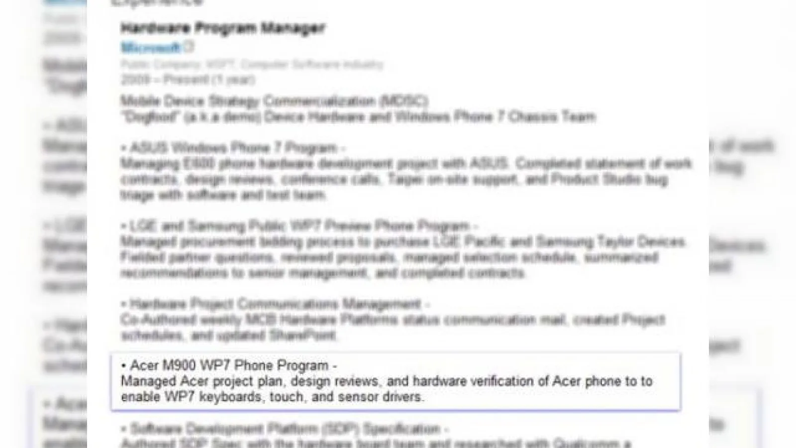 Un profil buclucas: smartphone Windows Phone 7 Acer, confirmat de un profil Linkedin
