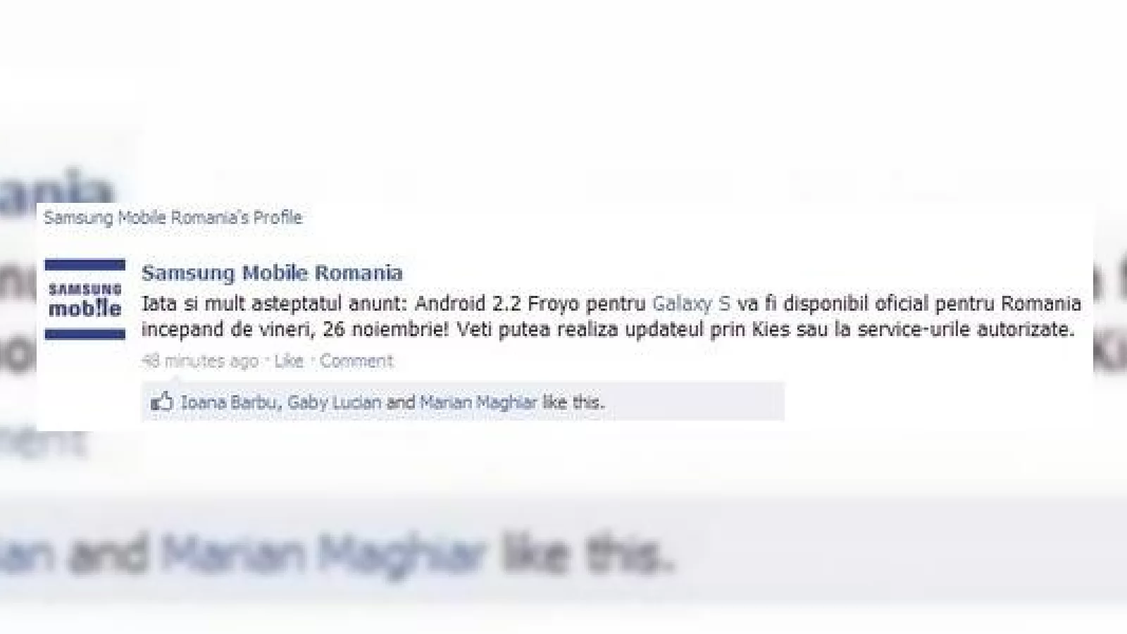 Android 2.2 pe Galaxy S În România, Începand din 26 noiembrie; confirmat oficial pe pagina Facebook Samsung!