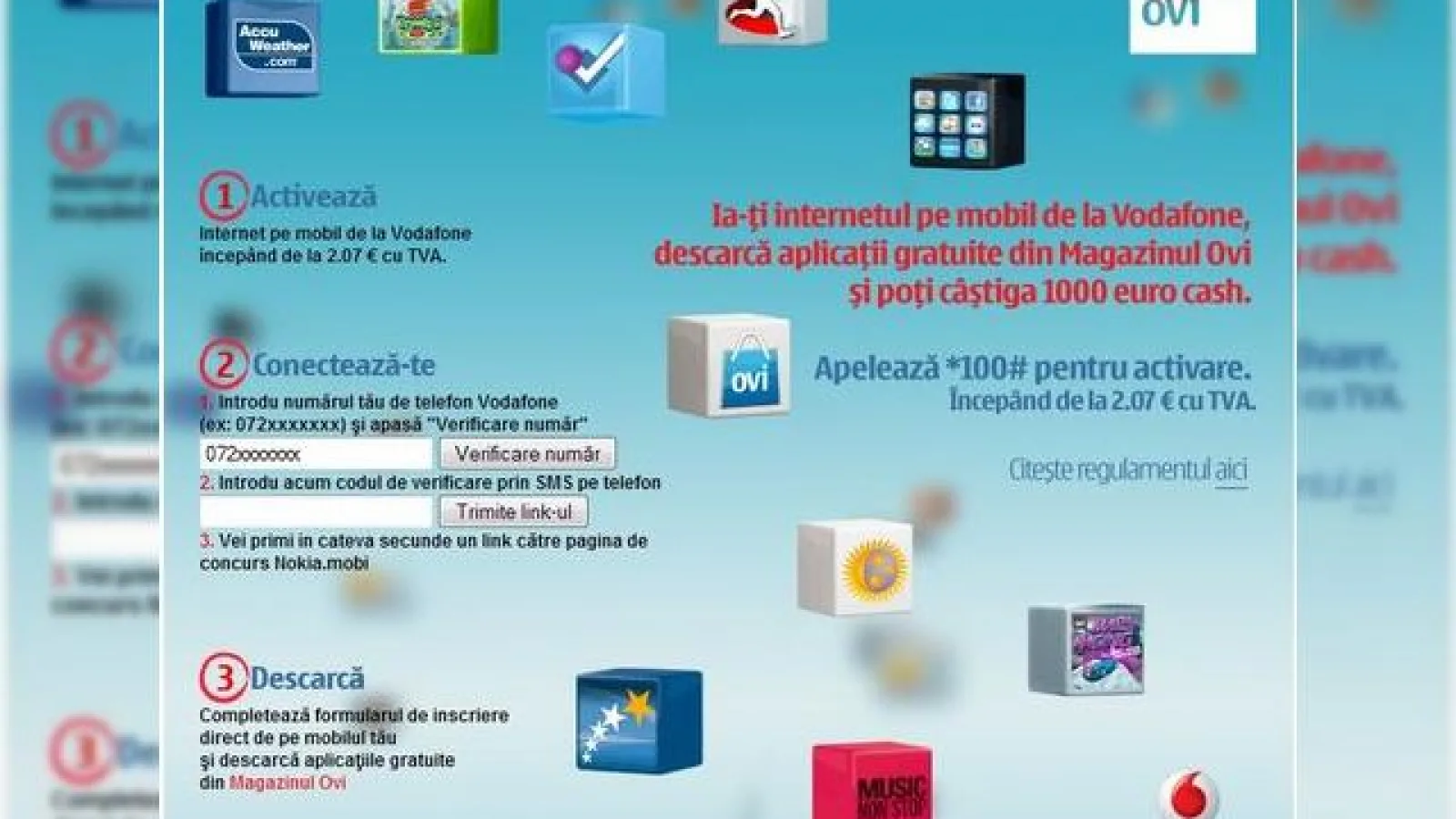 1000 euro cash, cu Internet pe Mobil Vodafone și aplicații Nokia Ovi