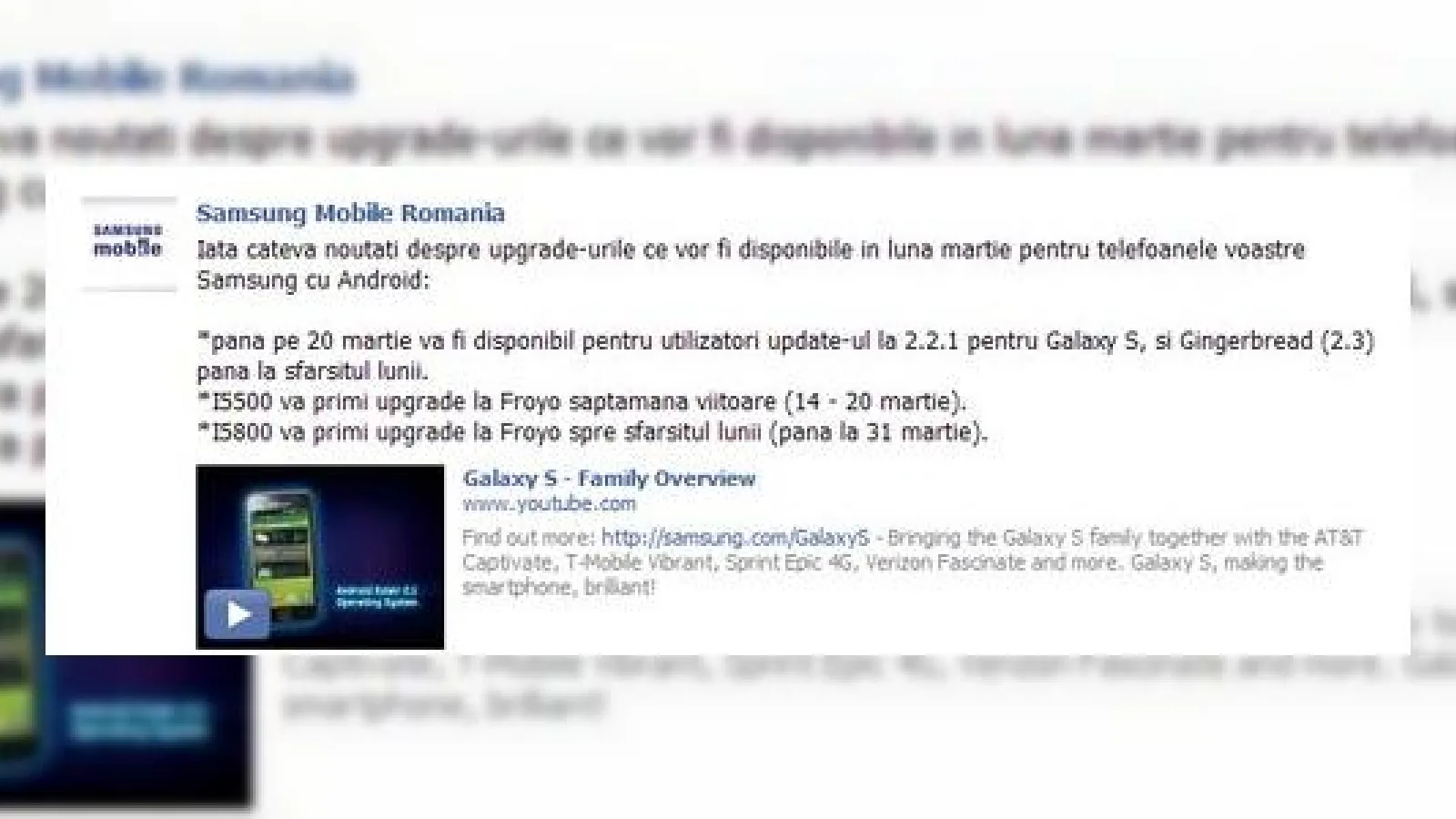 Samsung Galaxy S actualizat la Android 2.3 În această lună, Galaxy 3 și 5 primesc Froyo În curând!