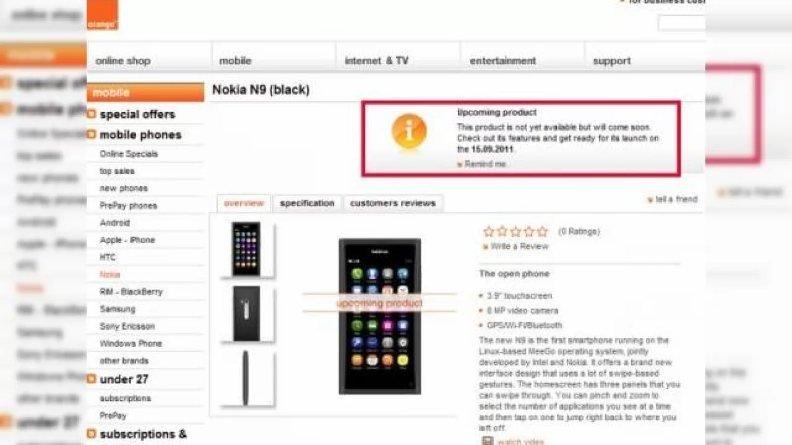 Nokia N9 vine la Orange, deocamdată În Elveția, Începând cu 15 septembrie