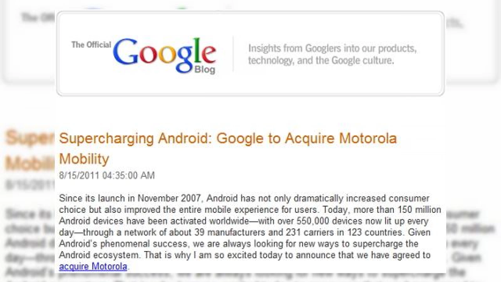 Al treilea război "mobilial": Google cumpără Motorola pentru 12.5 miliarde