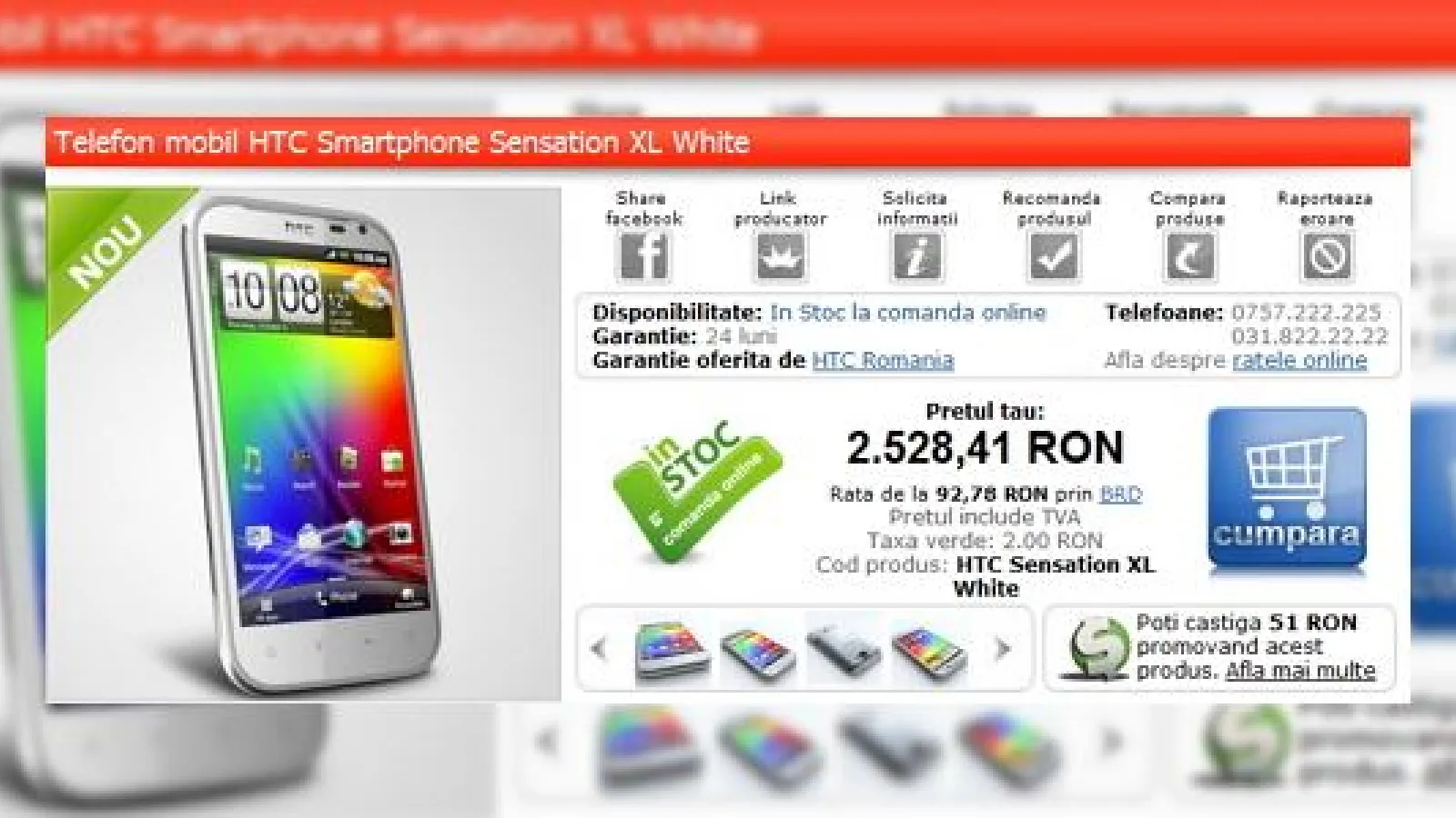 HTC Sensation XL În România acum la un preț de 2.528 lei; Iată detalii!
